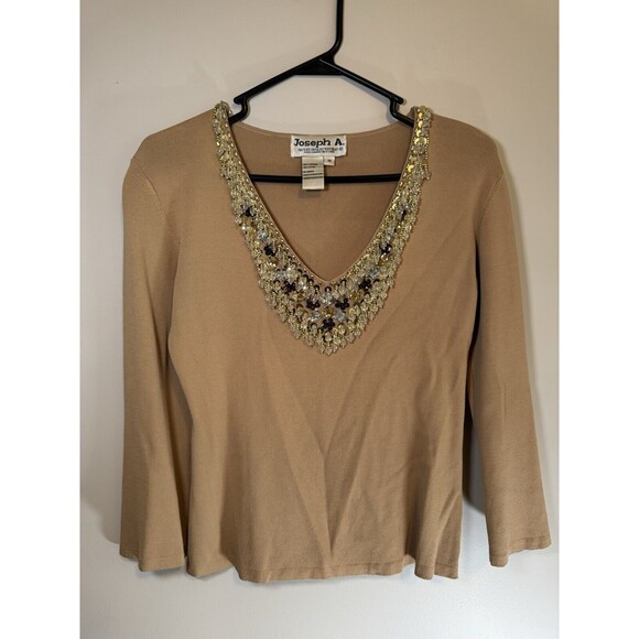 Joseph A Shirt Womens SZ: M TAN Embellished Beaded Stones V Neck Top Blouse - Picture 1 of 6